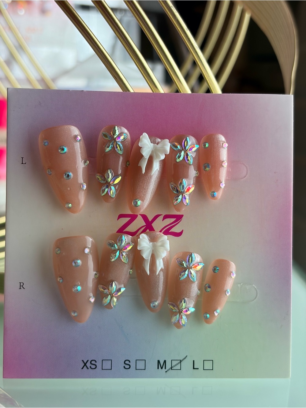 Peach Pearl Press-On Nails with Rhinestones & 3D Bows Medium